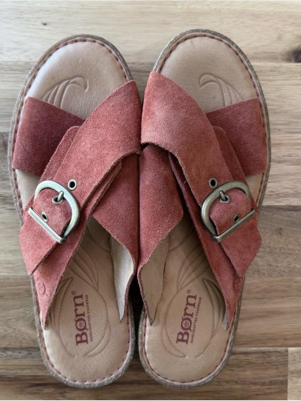 Born Suede Crisscross Slide Sandals in Rust Red